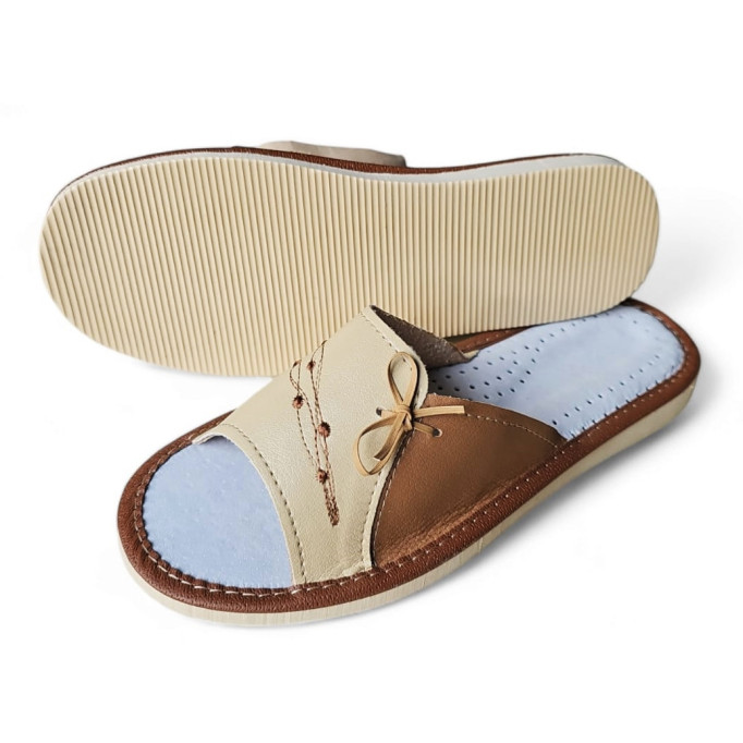 Kapcie damskie, pantofle skórzane, kokardka