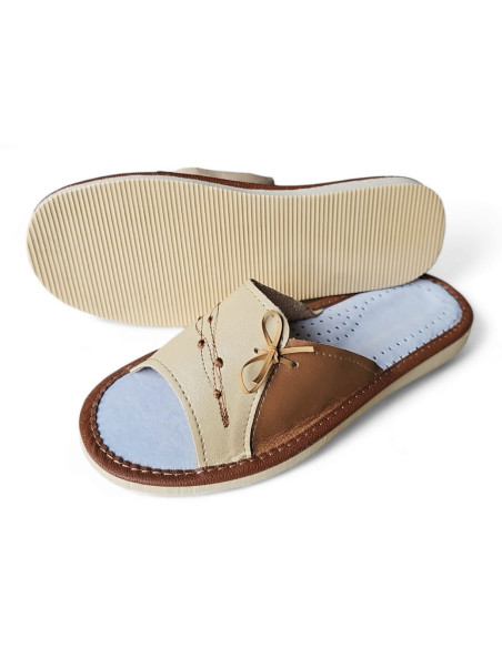 Kapcie damskie, pantofle skórzane, kokardka