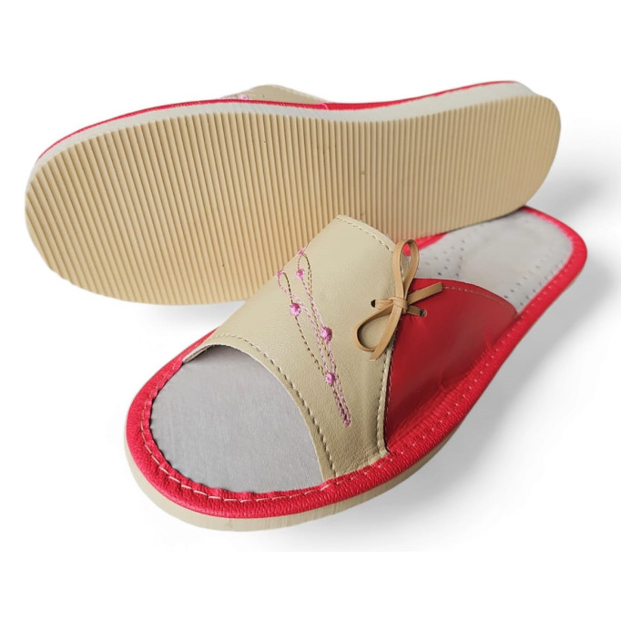 Kapcie damskie, pantofle skórzane, kokardka