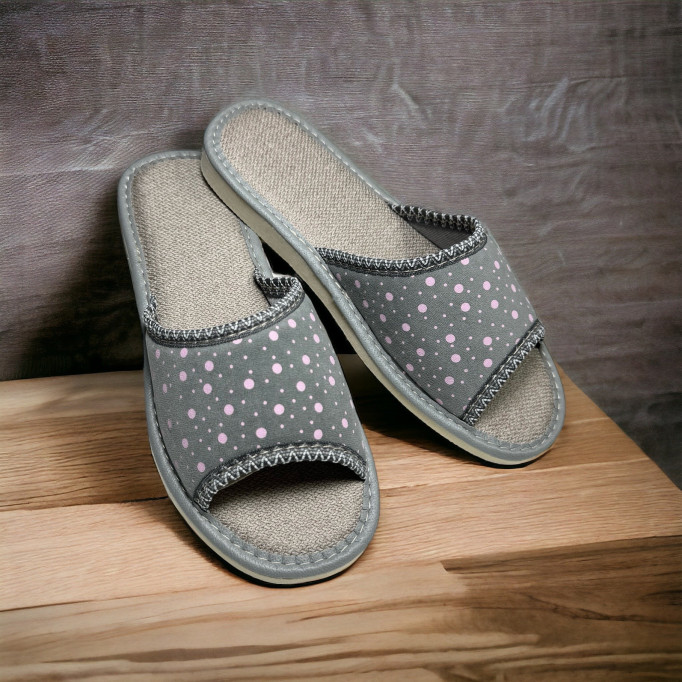 Kapcie damskie, pantofle frotte, różowe kropki