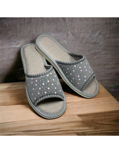 Kapcie damskie, pantofle frotte, różowe kropki