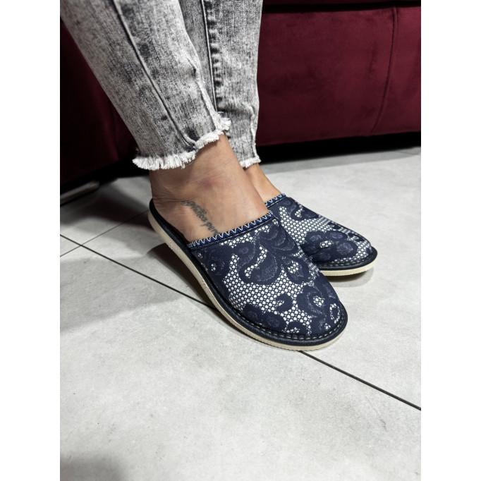 Kapcie damskie, tanie pantofle z zakrytym palcem, niebieska koronka