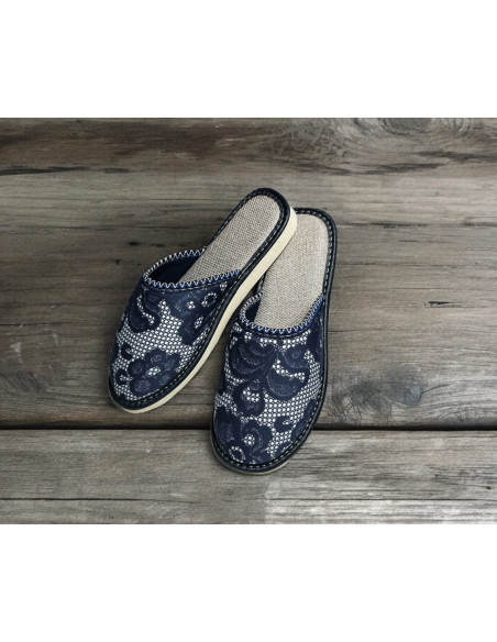 Kapcie damskie, tanie pantofle z zakrytym palcem, niebieska koronka