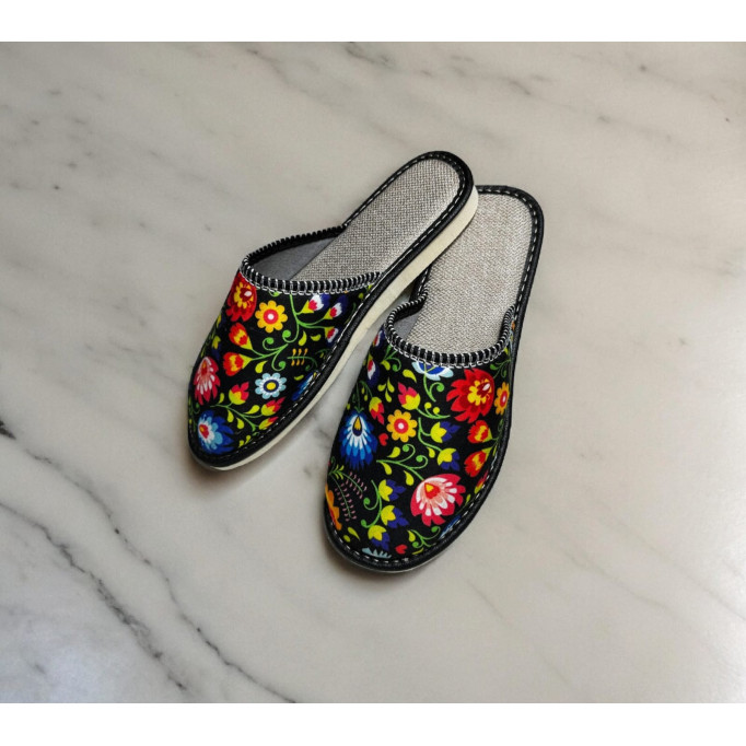 Kapcie damskie, tanie pantofle z zakrytym palcem, druki łowickie na lnie