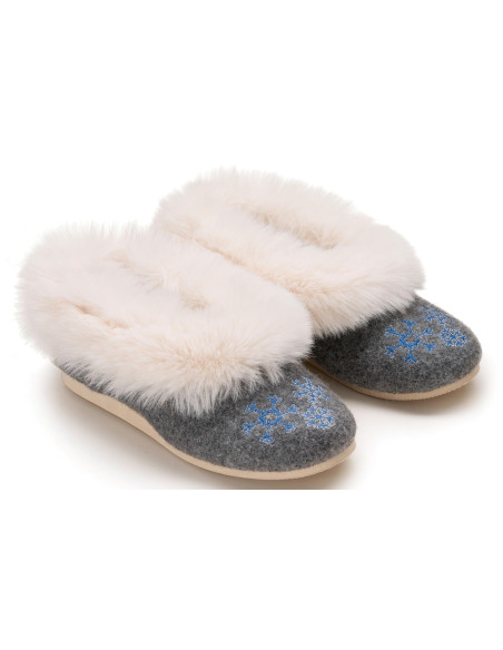 Bambosze damskie, baleriny, pantofle z zakrytą piętą, kapcie haft śnieżynki, na grubych spodach