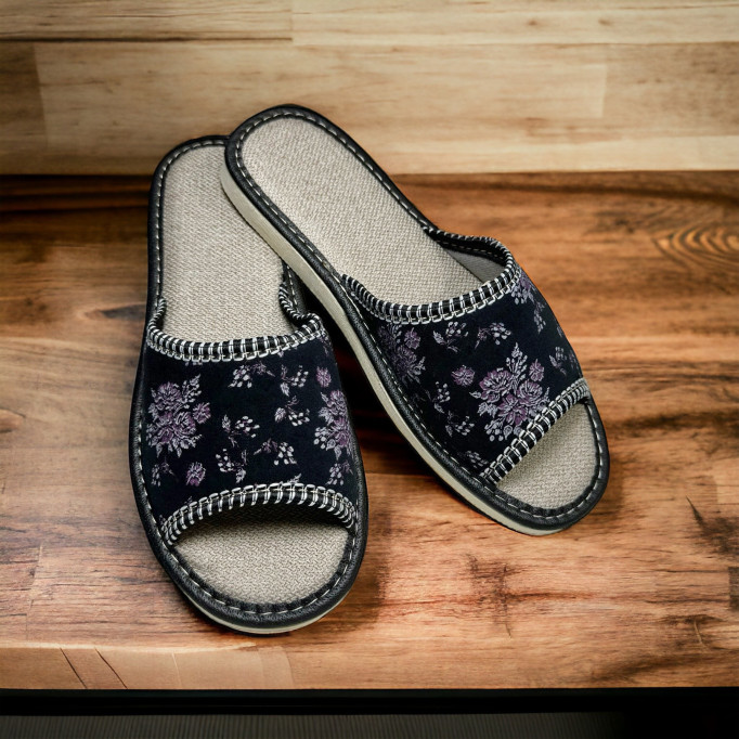 DLN 03 Kapcie damskie, pantofle frotte, czarne druki