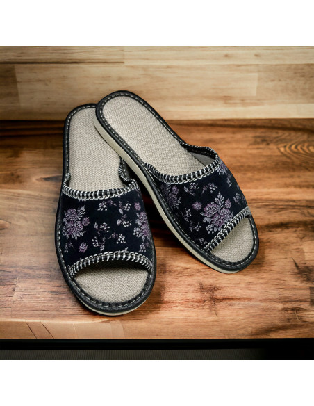 DLN 03 Kapcie damskie, pantofle frotte, czarne druki