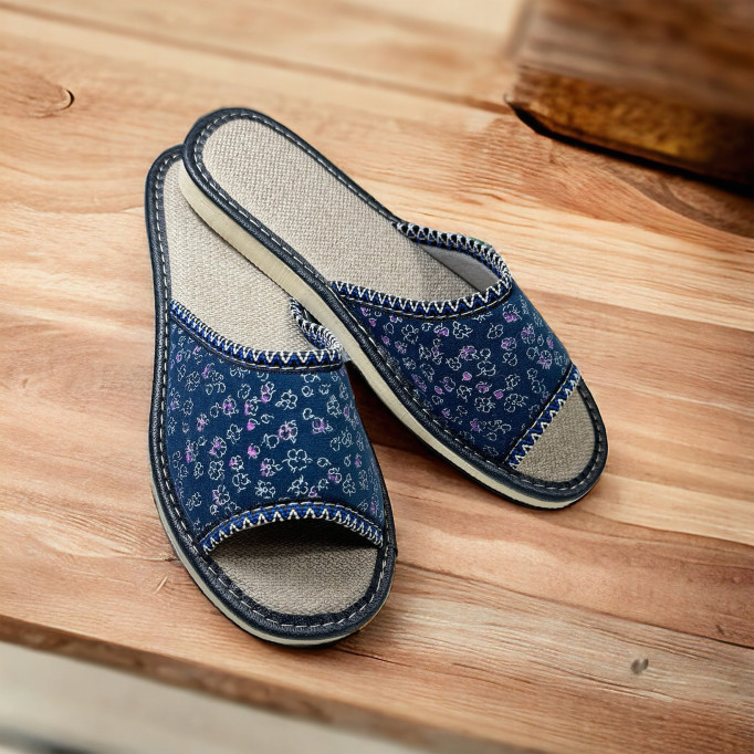 DLN 06 Kapcie damskie, pantofle frotte, druki granatowe