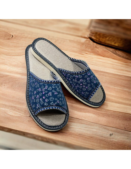 DLN 06 Kapcie damskie, pantofle frotte, druki granatowe
