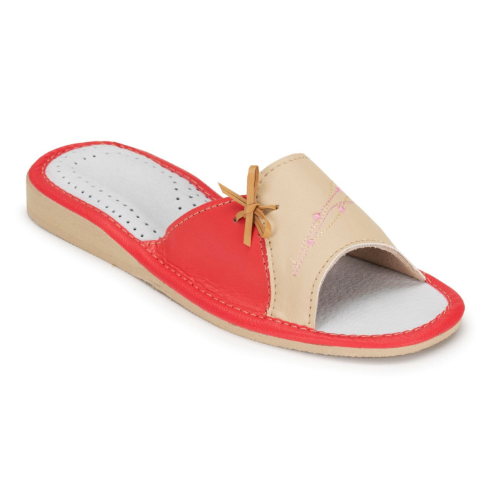 DSK 14 Kapcie damskie, pantofle skórzane, kokardka