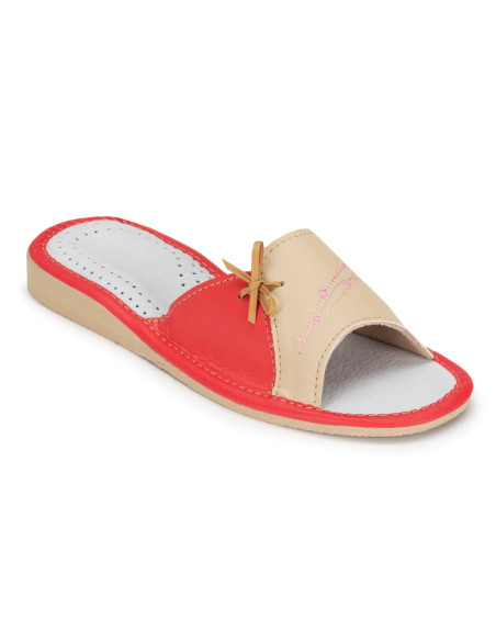 DSK 14 Kapcie damskie, pantofle skórzane, kokardka