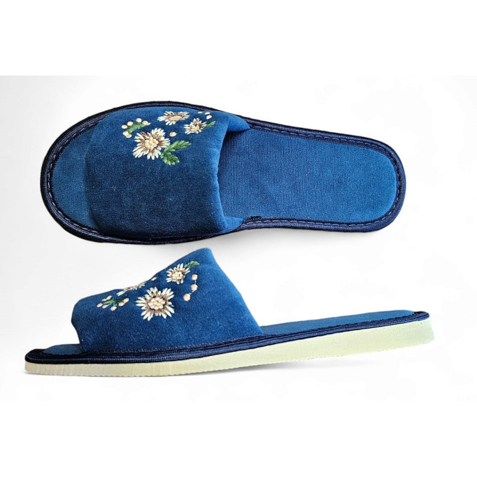 DLN 09 Kapcie damskie, pantofle frotte,  kwiaty haft ręczny