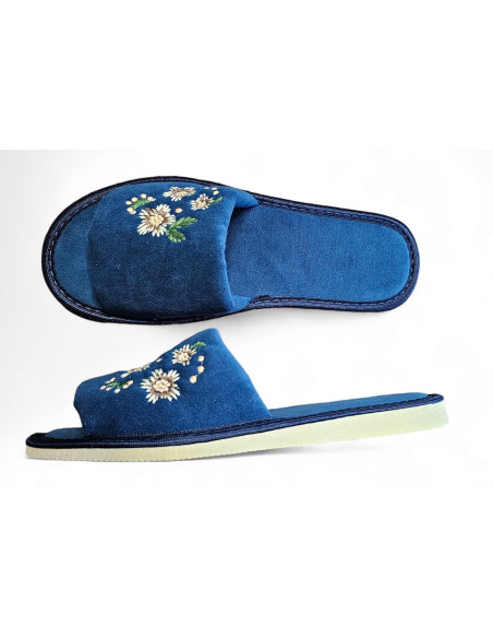 DLN 09 Kapcie damskie, pantofle frotte,  kwiaty haft ręczny