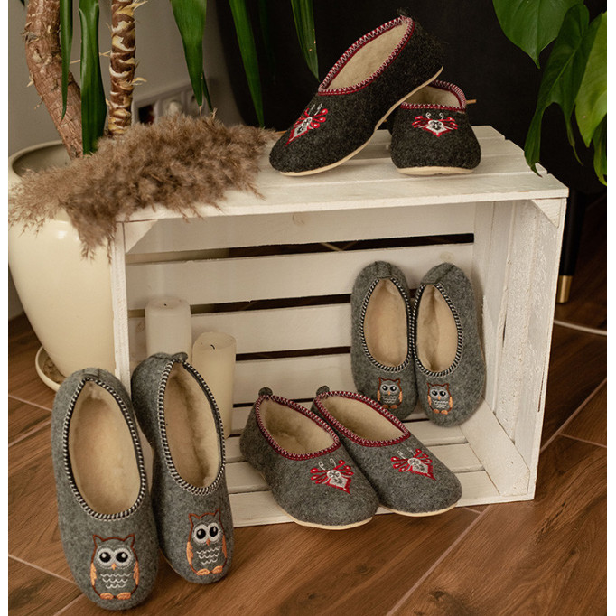 DC 02 Bambosze damskie, baleriny, pantofle z zakrytą piętą, kapcie sowa, na grubych spodach